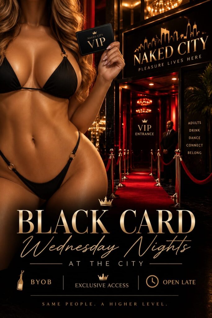 Black Card Wednesday Nights promotional poster featuring a VIP club entrance, exclusive access, and an elegant black-and-gold nightlife theme