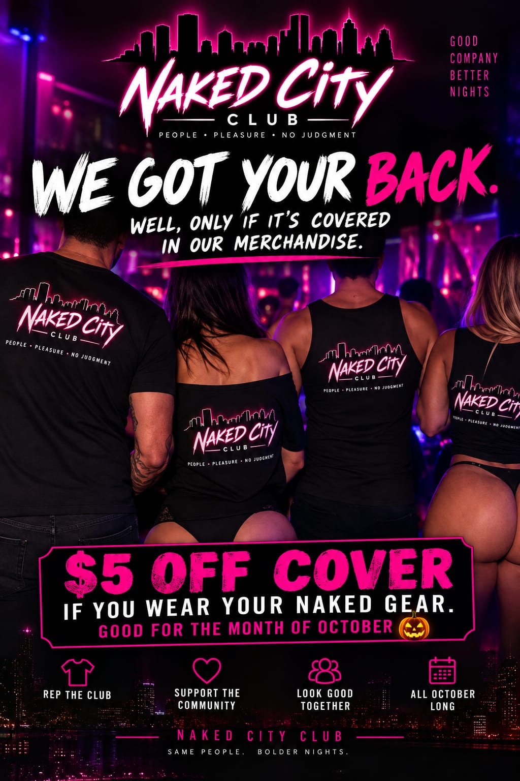 Naked City Club neon nightlife merchandise promotion with $5 October cover discount
